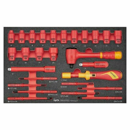 TENG TOOLS 27 Piece 1000 Volt Insulated 3/8 Inch Drive Ratchet, Metric 6 Point Socket, Extension Bar TEFXV27